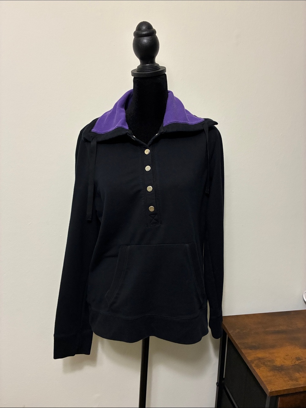 Ralph Lauren Black Pullover Hoodie with Purple Collar